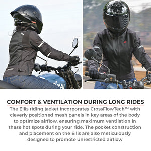 Motodrift ViaTerra Ellis women's black motorcycle riding jacket with mesh panels and helmet, shown from front and side.