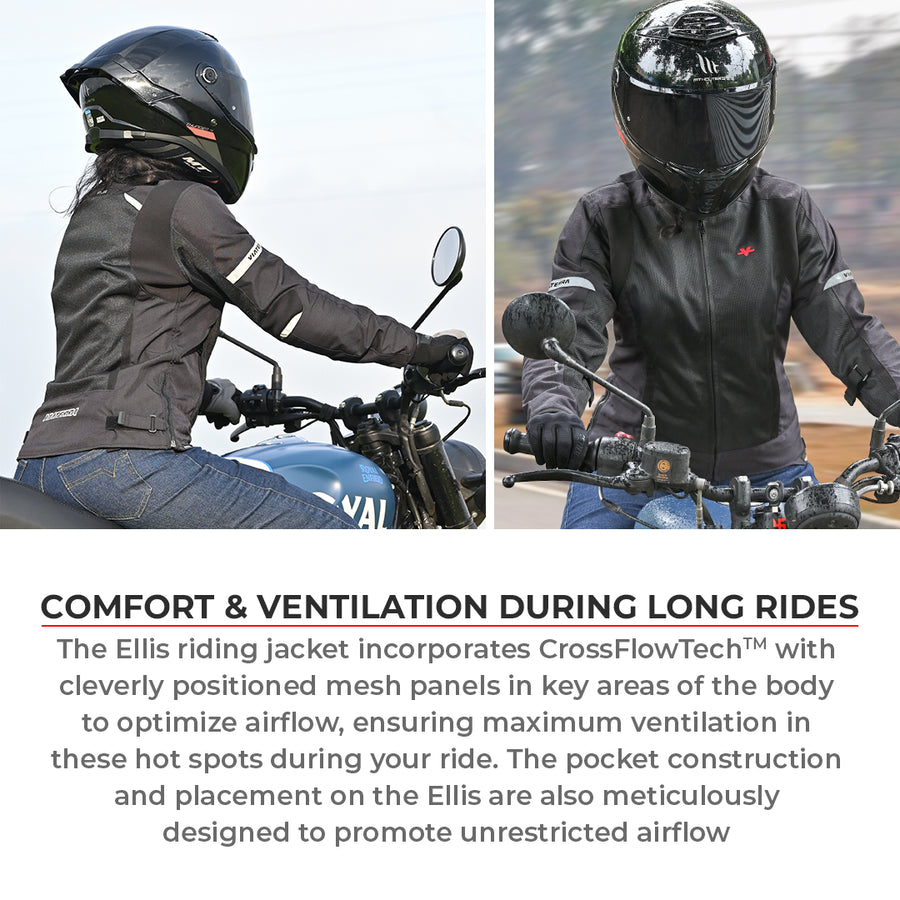 Motodrift ViaTerra Ellis women's black motorcycle riding jacket with mesh panels and helmet, shown from front and side.