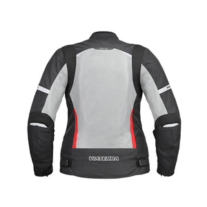 Back view of Motodrift ViaTerra Ellis women's riding jacket in black and grey with reflective details.