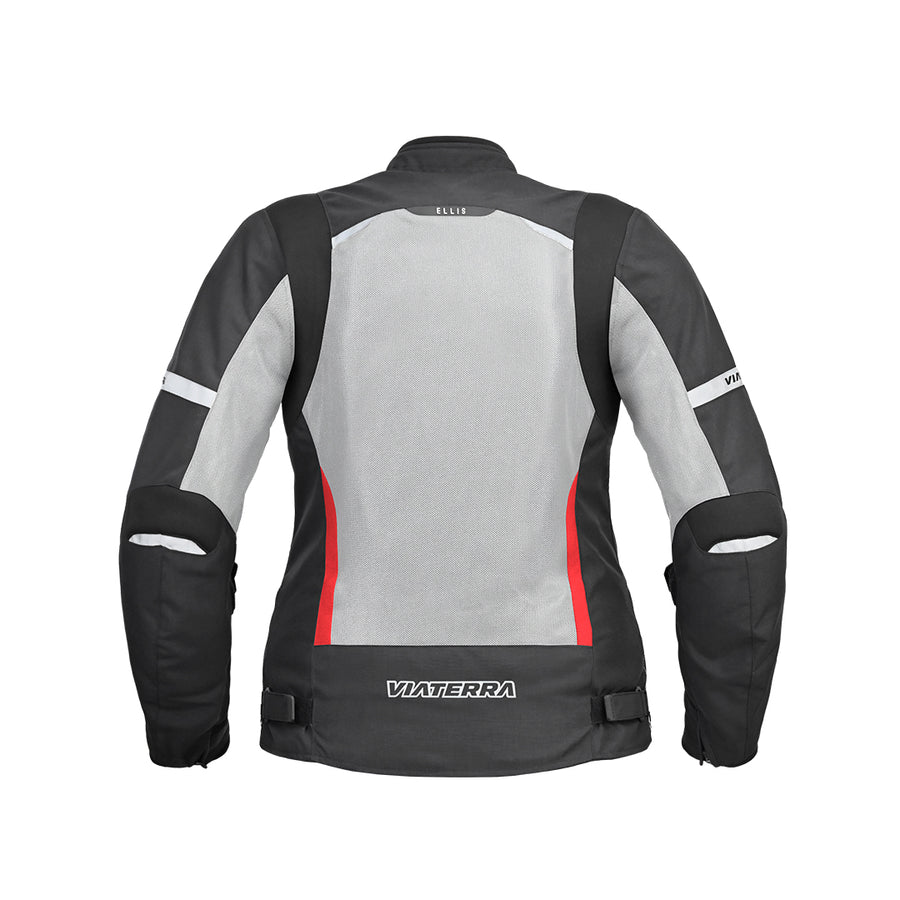 Back view of Motodrift ViaTerra Ellis women's riding jacket in black and grey with reflective details.