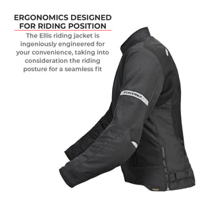 Motodrift ViaTerra Ellis women's black riding jacket, side view showing ergonomic fit and reflective details.