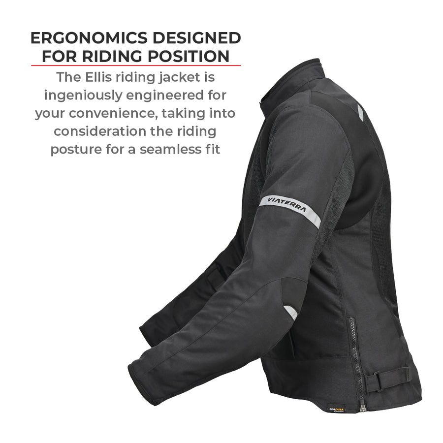 Motodrift ViaTerra Ellis women's black riding jacket, side view showing ergonomic fit and reflective details.