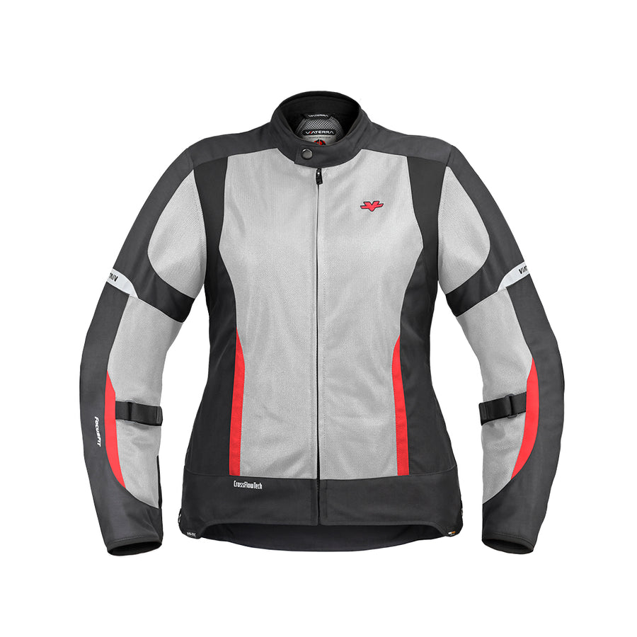 Motodrift ViaTerra Ellis women's riding jacket in grey and black with red accents and protective mesh panels.