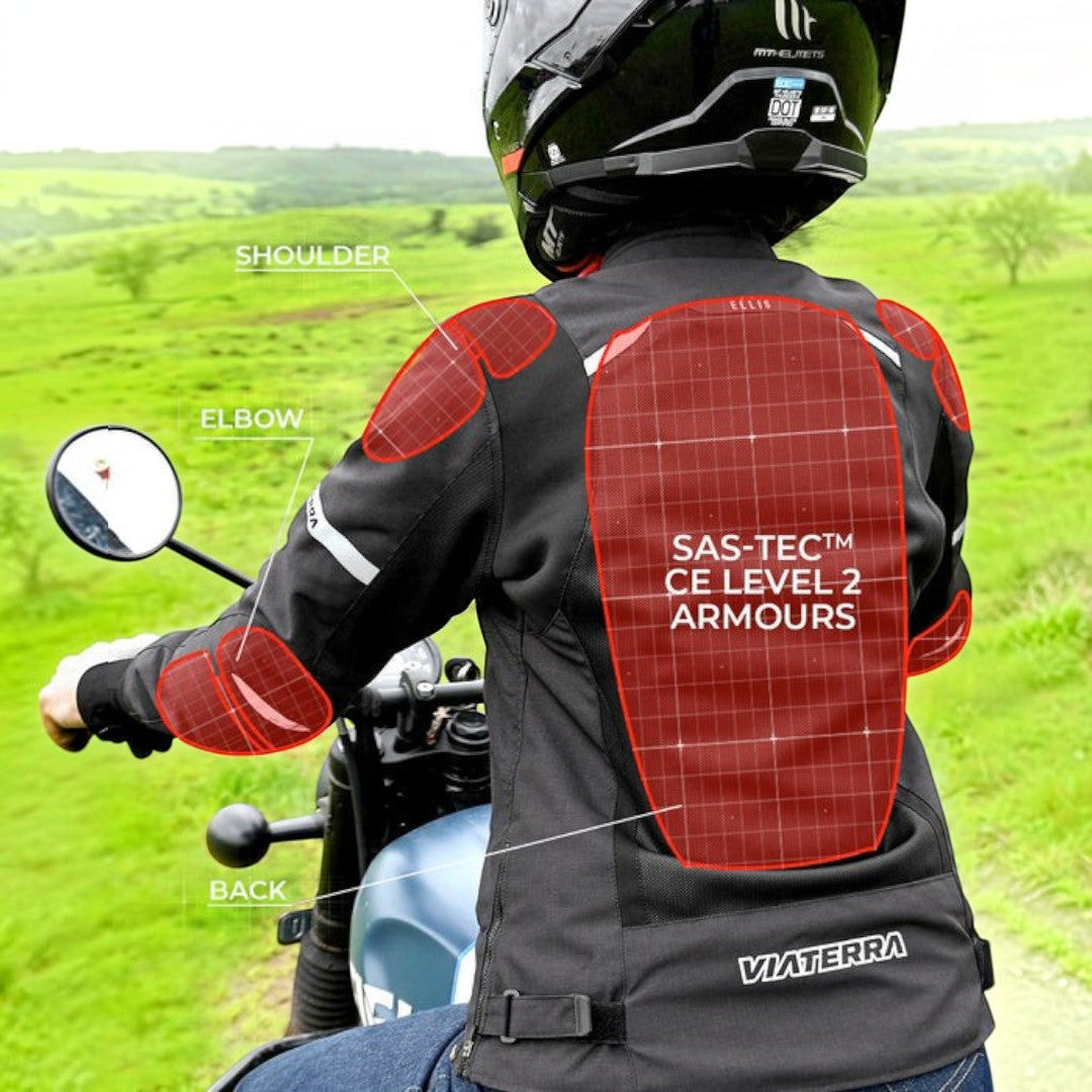 Motodrift ViaTerra Ellis women's riding jacket showing SAS-TEC CE level 2 armor protection on back, shoulders, and elbows