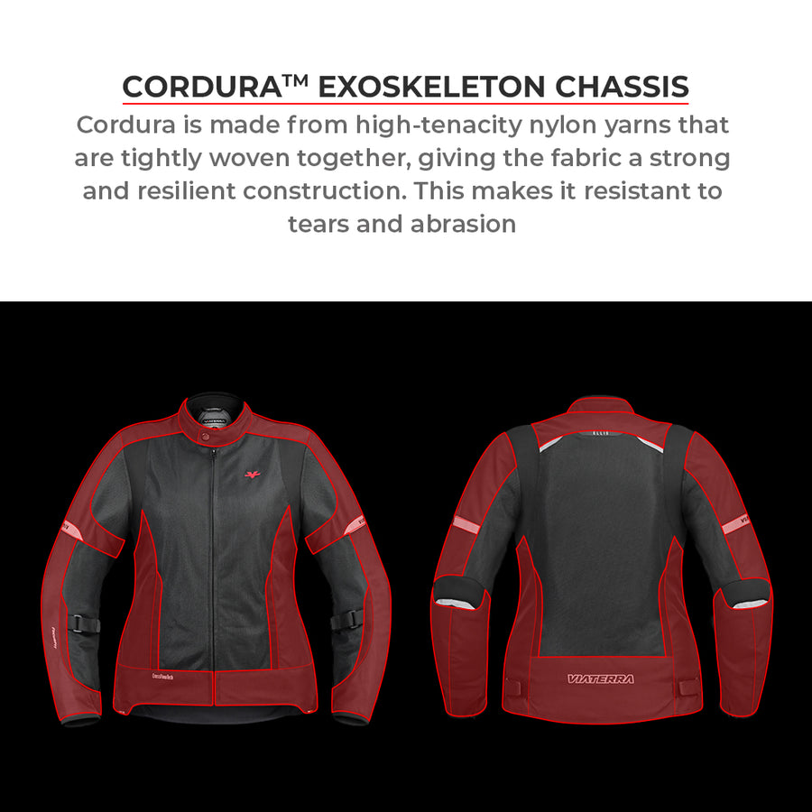 Motodrift ViaTerra Ellis women's riding jacket in red and black Cordura fabric with front and back views.