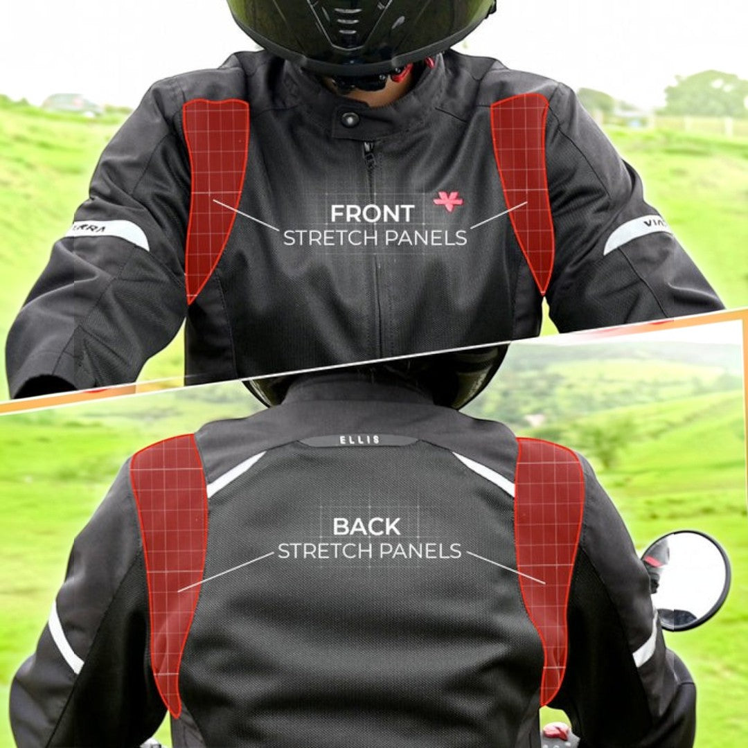 Motodrift ViaTerra Ellis women's black riding jacket showing front and back stretch panels for mobility
