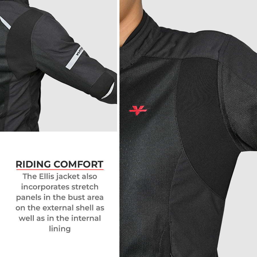 Motodrift ViaTerra Ellis women's black riding jacket showing stretch panels and reflective details for comfort.