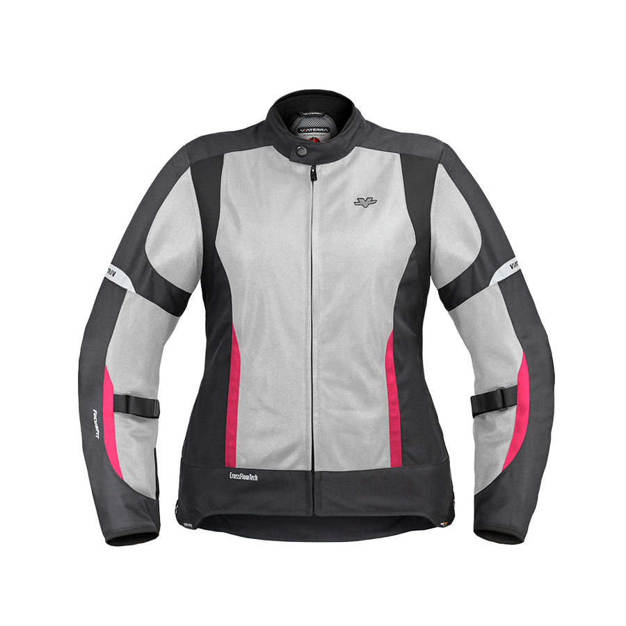 Motodrift ViaTerra Ellis women's grey and black mesh riding jacket with pink accents and adjustable waist straps.