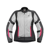 Motodrift ViaTerra Ellis women's grey and black mesh riding jacket with pink accents and adjustable waist straps.