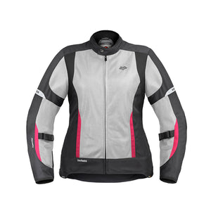 Motodrift ViaTerra Ellis women's grey and black mesh riding jacket with pink accents and adjustable waist straps.
