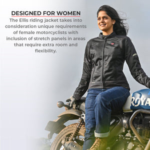 Motodrift ViaTerra Ellis women's black mesh motorcycle riding jacket worn by a female rider on a motorcycle.