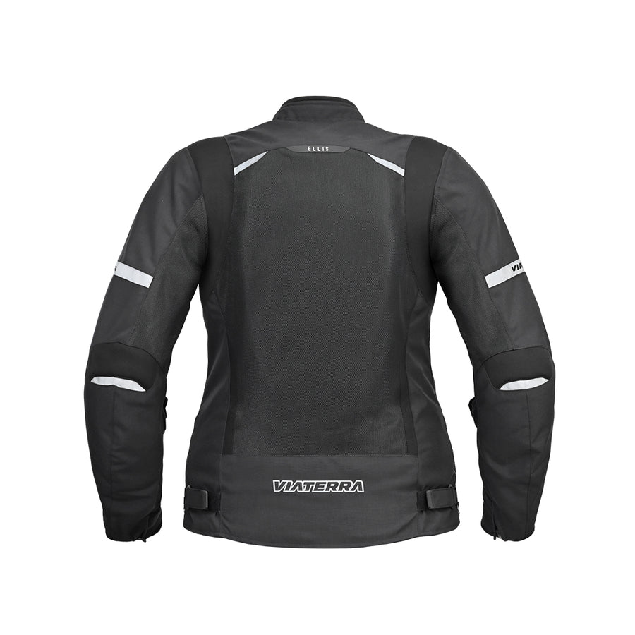 Back view of Motodrift ViaTerra Ellis women's black riding jacket with reflective details and breathable mesh panels.