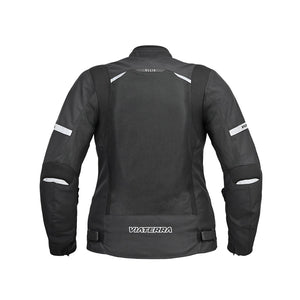 Back view of Motodrift ViaTerra Ellis women's black riding jacket with reflective details and breathable mesh panels.