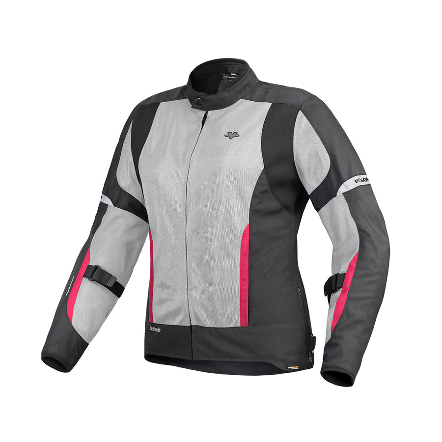 Motodrift ViaTerra Ellis women's grey and black mesh riding jacket with pink accents and adjustable arm straps.