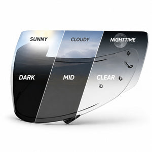 Motodrift VisorPro aftermarket motorcycle helmet visor with gradient tint for sunny, cloudy, and nighttime riding.