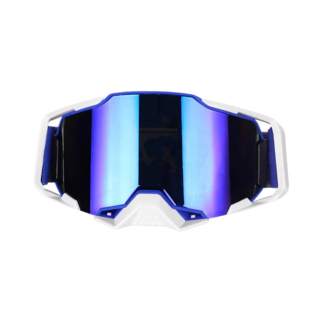 Motodrift 100% motocross racing goggles with a white frame and reflective blue anti-fog lens for off-road riding.