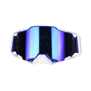 Motodrift 100% motocross racing goggles with a white frame and reflective blue anti-fog lens for off-road riding.