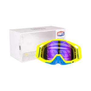 Motodrift 100% motocross goggles in neon yellow and blue with a reflective purple lens and matching product box.