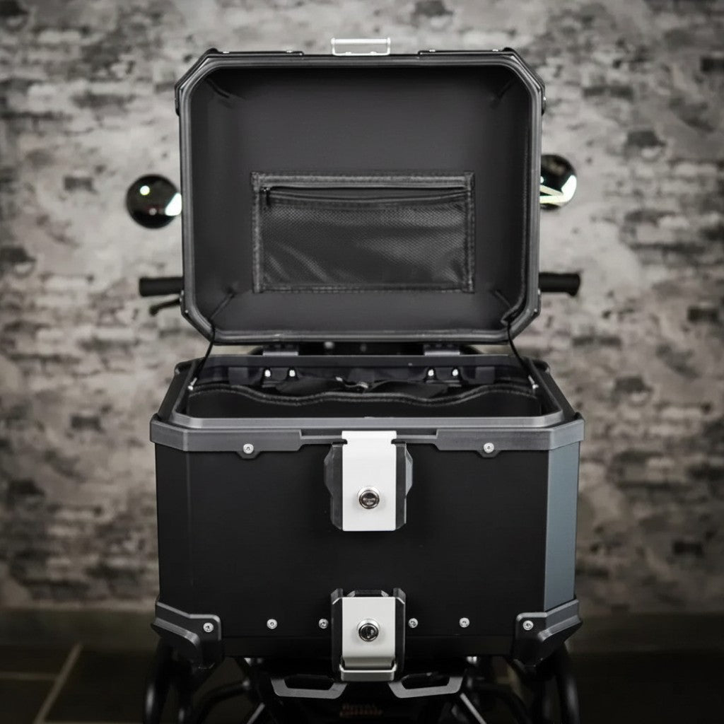 Motodrift ZANA 45L aluminium motorcycle top box in black and silver with open lid and internal storage pocket