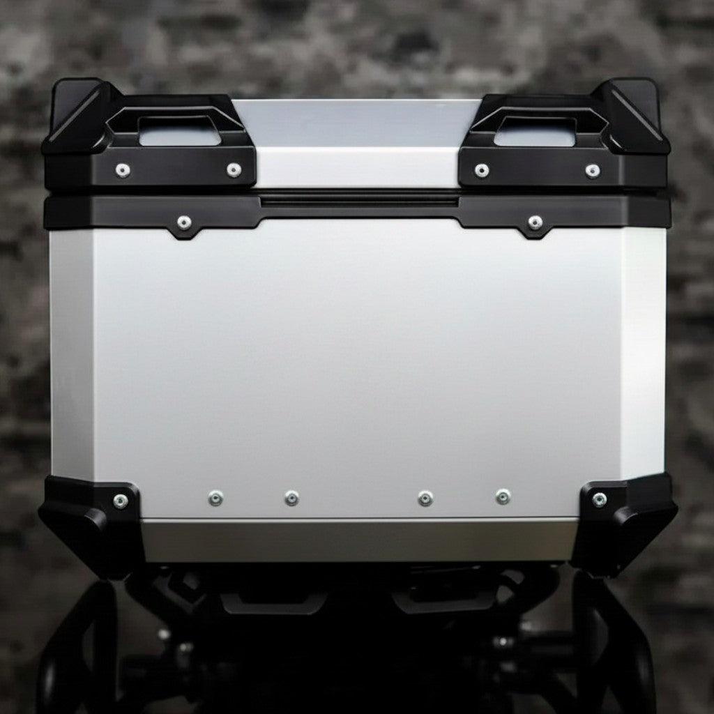 Motodrift ZANA 45L aluminium motorcycle top box in silver and black with reinforced corner protectors
