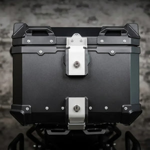 Motodrift ZANA 45L aluminium motorcycle top box in black with silver locking latches and reinforced corner guards