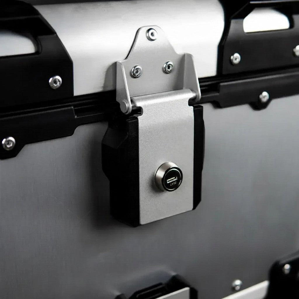 Motodrift ZANA 45L aluminium motorcycle top box featuring a secure locking mechanism in black and silver finish