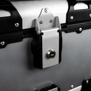 Motodrift ZANA 45L aluminium motorcycle top box featuring a secure locking mechanism in black and silver finish