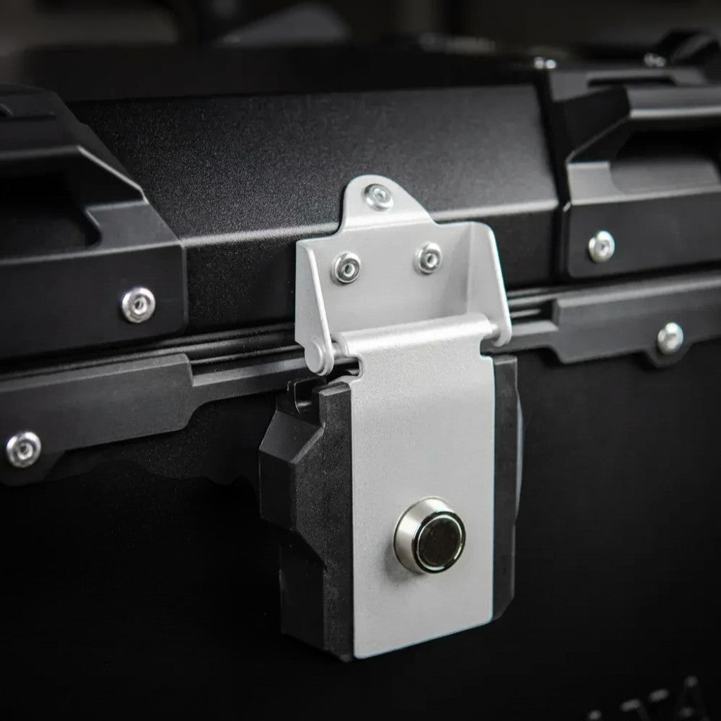 Motodrift ZANA 45L aluminium motorcycle top box featuring a secure silver locking mechanism on a black case
