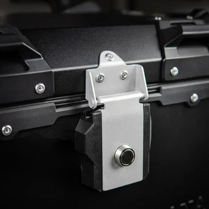 Motodrift ZANA 45L aluminium motorcycle top box featuring a secure silver locking mechanism on a black case