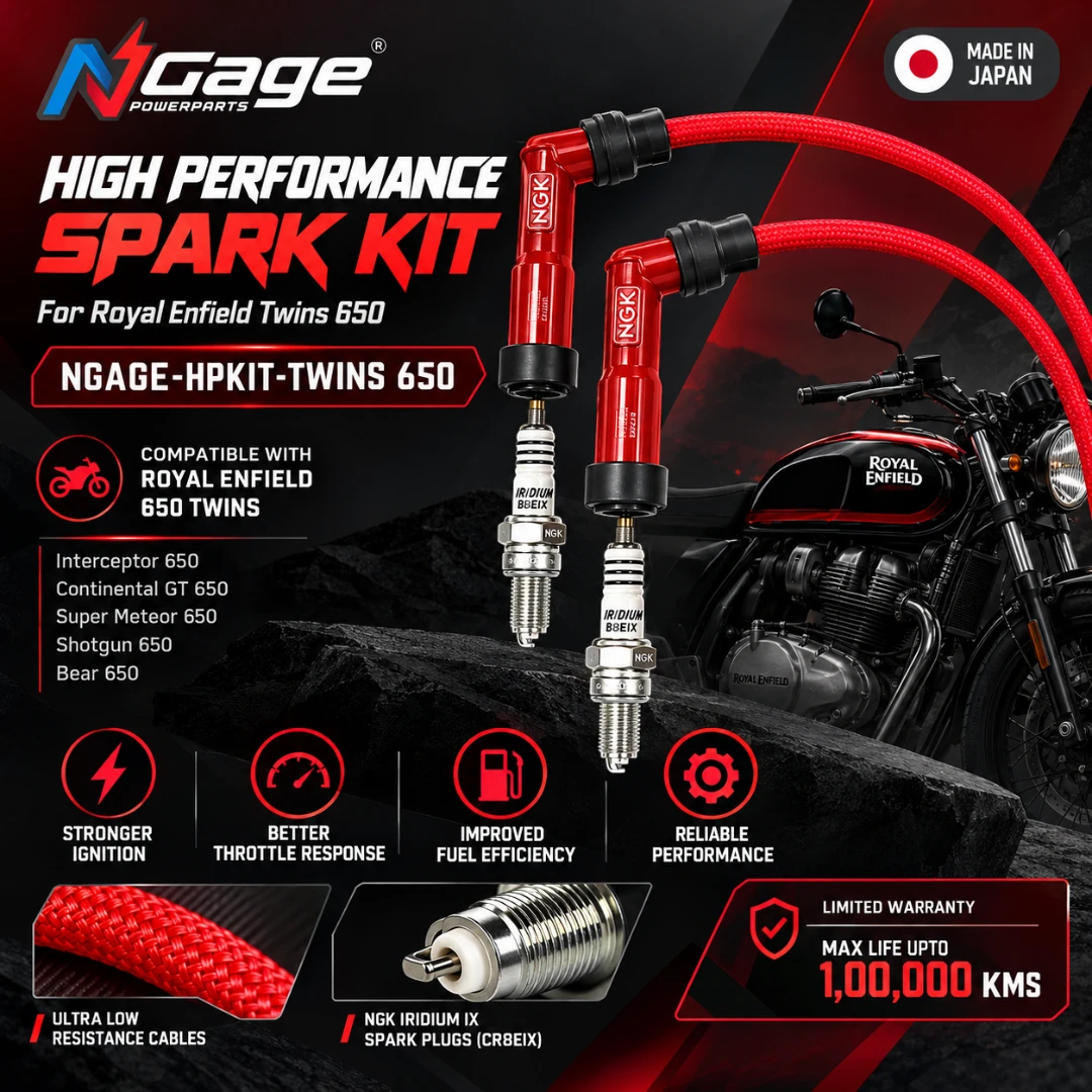 Ngage high performance spark plug kit with red racing cables and NGK Iridium IX plugs for Royal Enfield 650