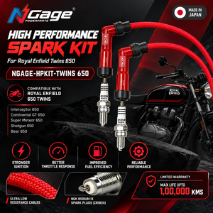 Ngage high performance spark plug kit with red racing cables and NGK Iridium IX plugs for Royal Enfield 650