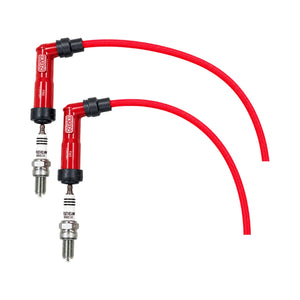 Ngage spark plug kit with red racing cables, resistor caps, and NGK Iridium IX plugs for Royal Enfield 650