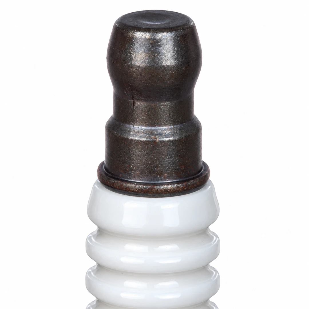 NGK Laser Iridium spark plug terminal nut detail showing the white ceramic insulator and metal top