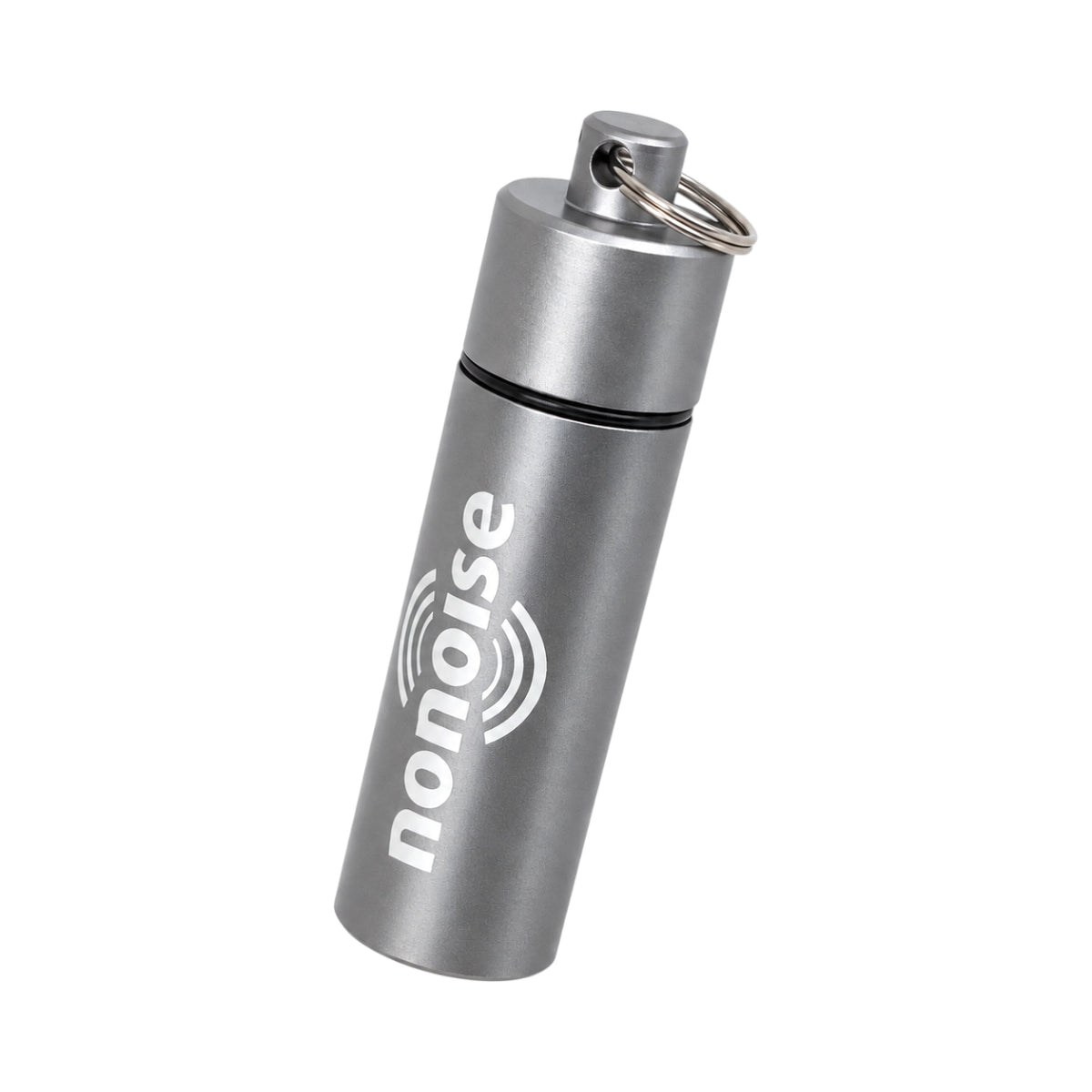 NoNoise grey metal storage canister for motorcycle earplugs with a keyring attachment