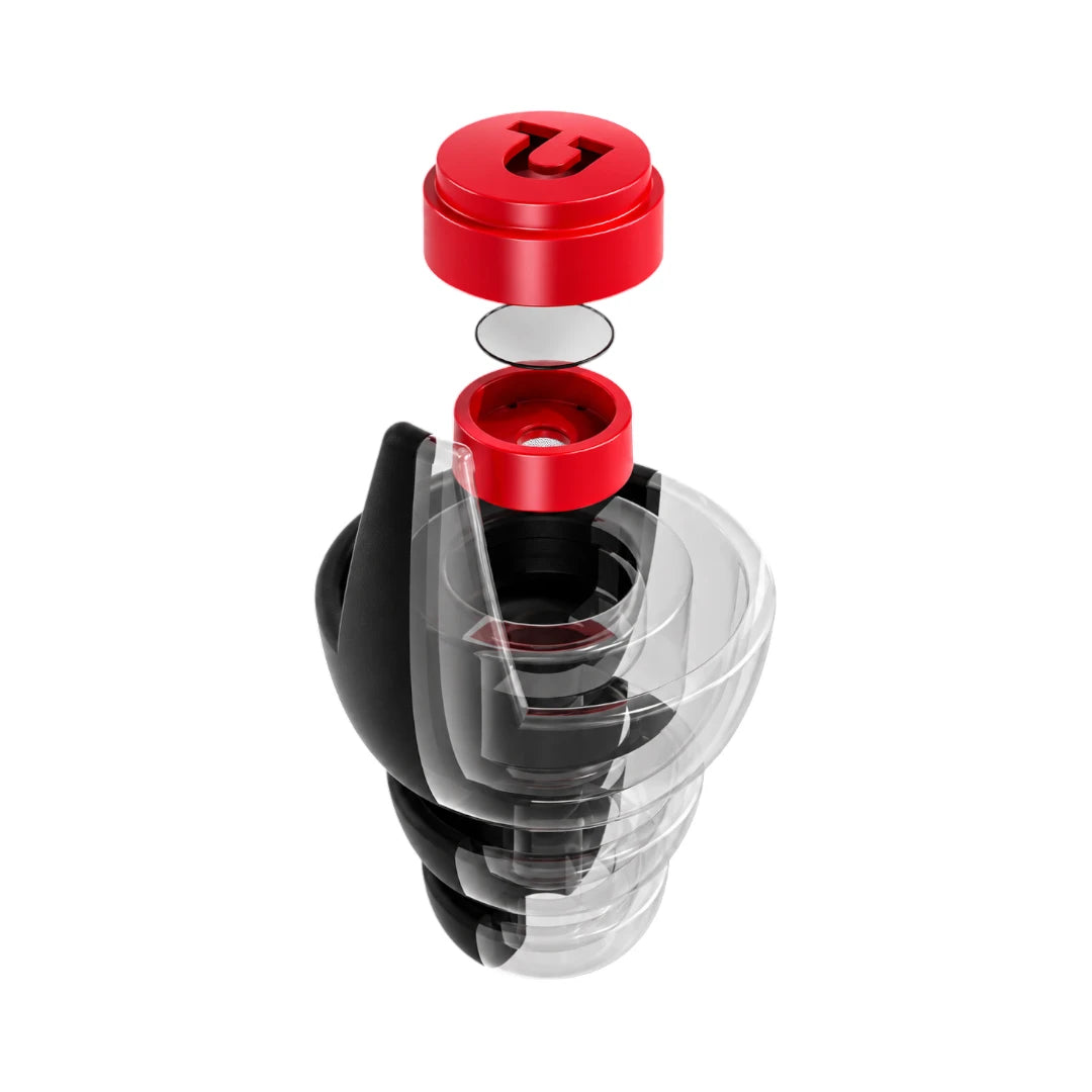 Pinlock motorcycle earplugs showing internal precision filter components and red cap for wind noise reduction.