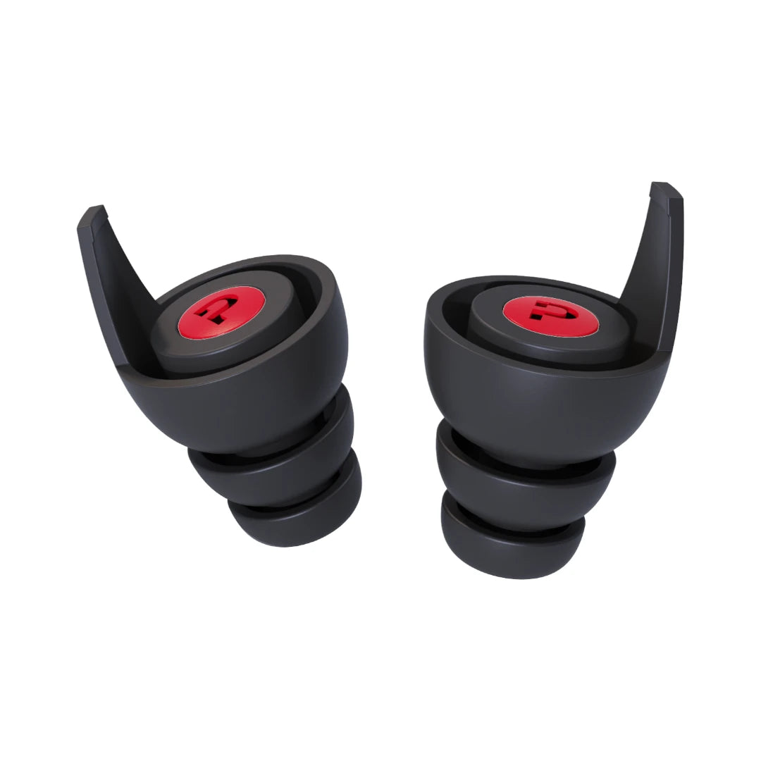Pinlock motorcycle earplugs with black silicone tips and red precision filters for wind noise reduction.