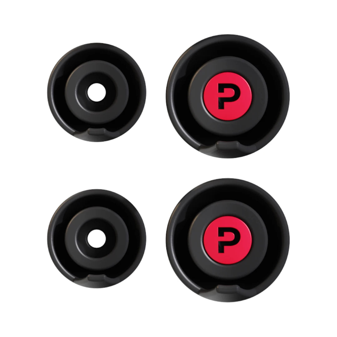 Pinlock motorcycle earplugs in black with red precision filters, shown in medium and large sizes.