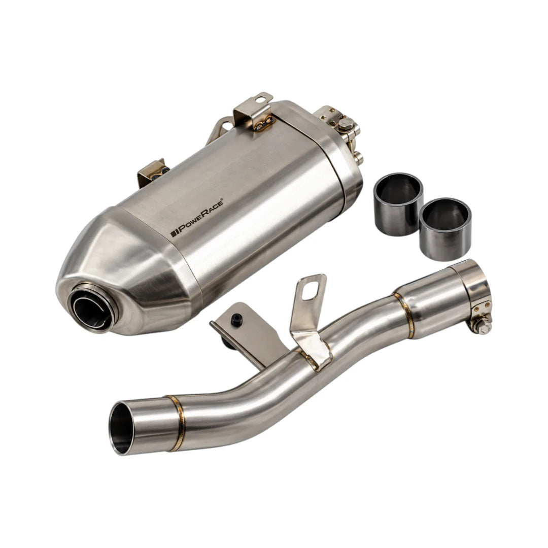 Powerage brushed steel slip-on exhaust kit for Royal Enfield Himalayan 450 with mounting hardware