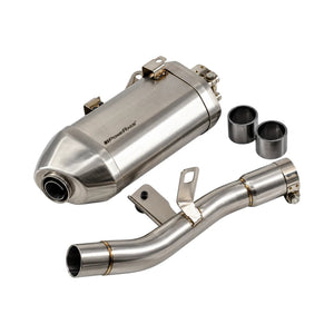 Powerage brushed steel slip-on exhaust kit for Royal Enfield Himalayan 450 with mounting hardware
