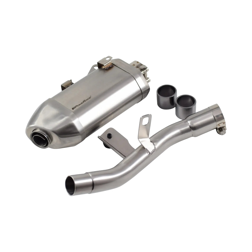 Powerage slip-on exhaust for Royal Enfield Guerrilla 450 motorcycle featuring lightweight construction, precision-engineered design, improved exhaust flow, enhanced exhaust note, durable finish, and easy bolt-on installation for adventure touring enthusiasts.