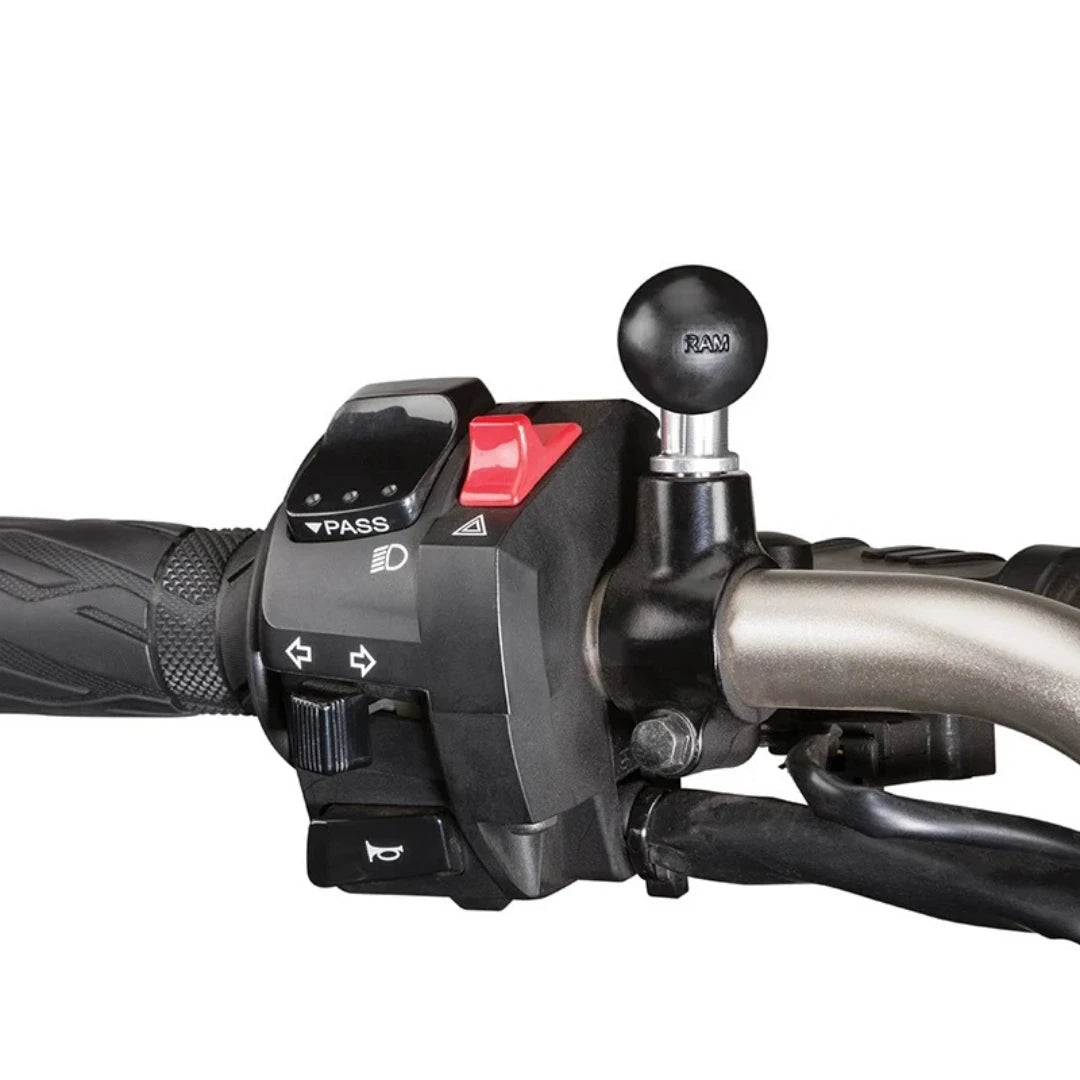 RAM Mounts M10 threaded ball adapter installed on a motorcycle handlebar switch housing