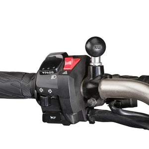 RAM Mounts M10 threaded ball adapter installed on a motorcycle handlebar switch housing