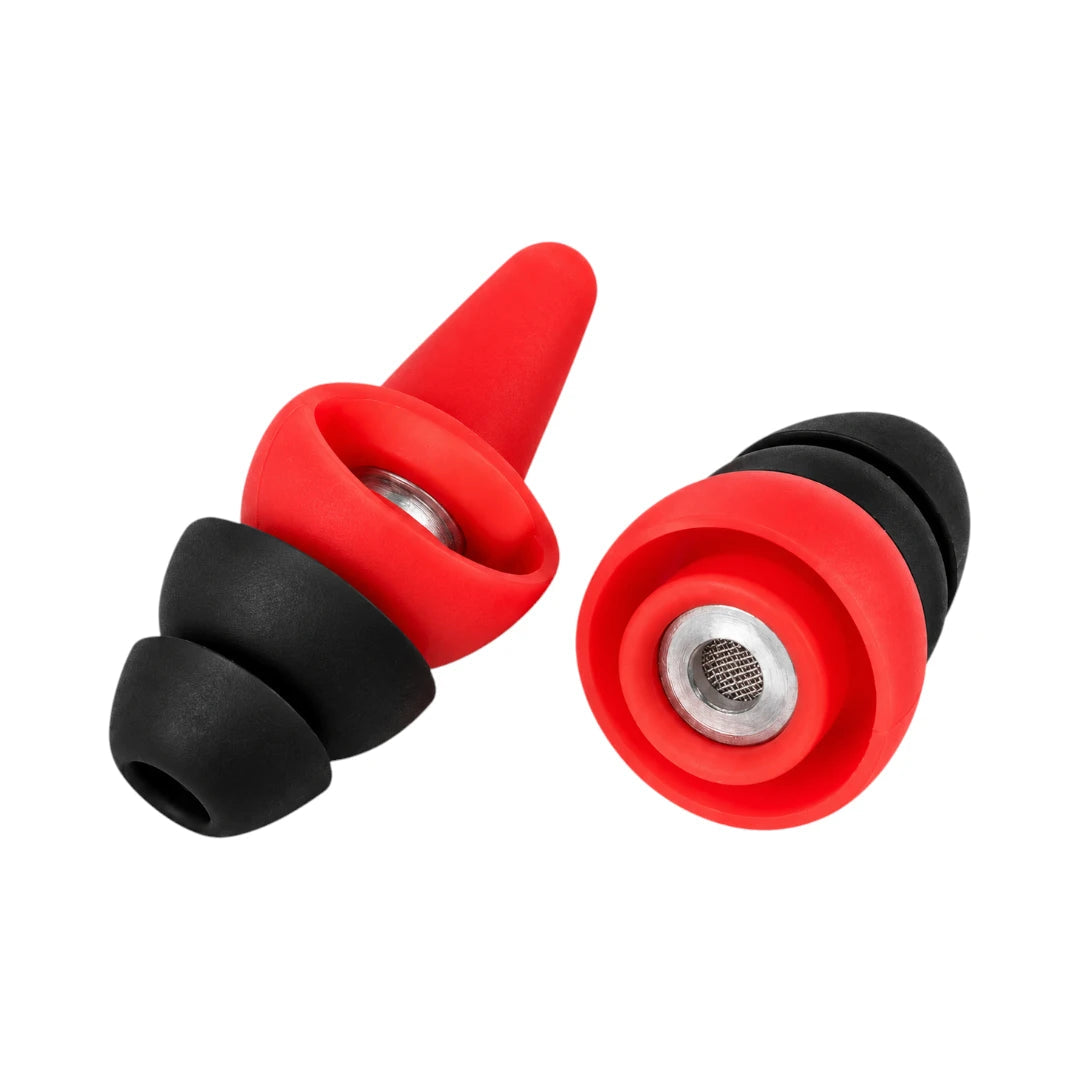 Ride Mute Level 2 motorcycle earplugs with red and black silicone tips and integrated acoustic filters.