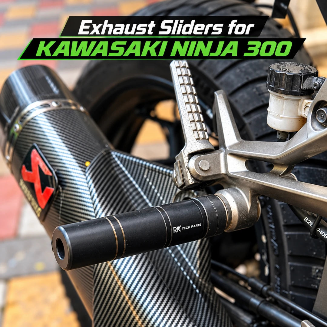 RKTECH exhaust slider installed on a Kawasaki Ninja 300 with CNC aluminium and Terlin components