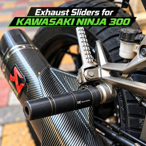 RKTECH exhaust slider installed on a Kawasaki Ninja 300 with CNC aluminium and Terlin components