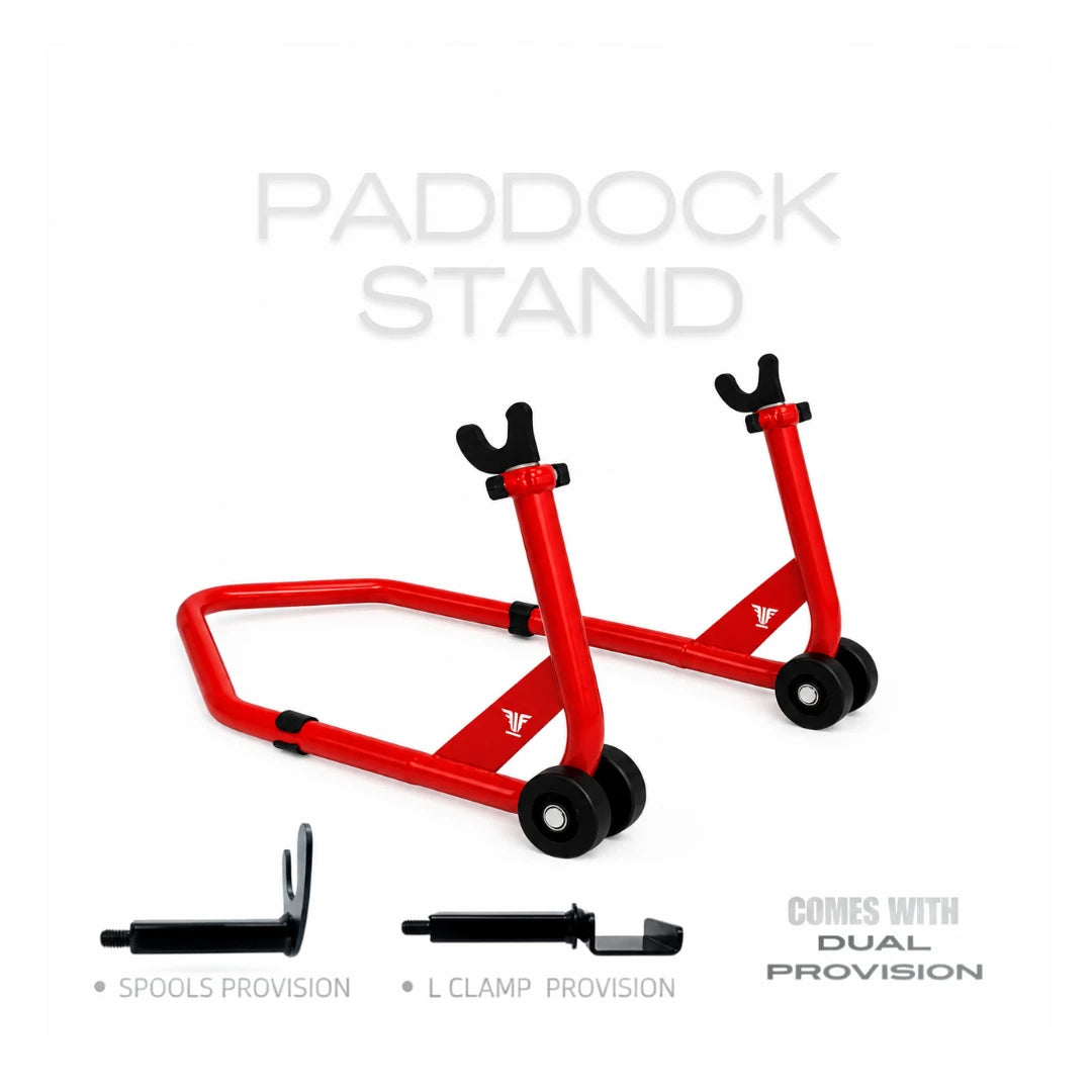 RKTECH Uni Paddock Stand in Cosmic Red with interchangeable spool and L-clamp attachments for motorcycles