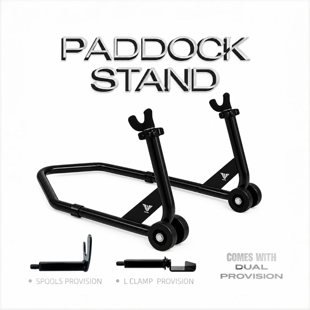 RKTECH black universal motorcycle paddock stand with spool and L-clamp attachments for maintenance.