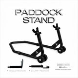 RKTECH black universal motorcycle paddock stand with spool and L-clamp attachments for maintenance.