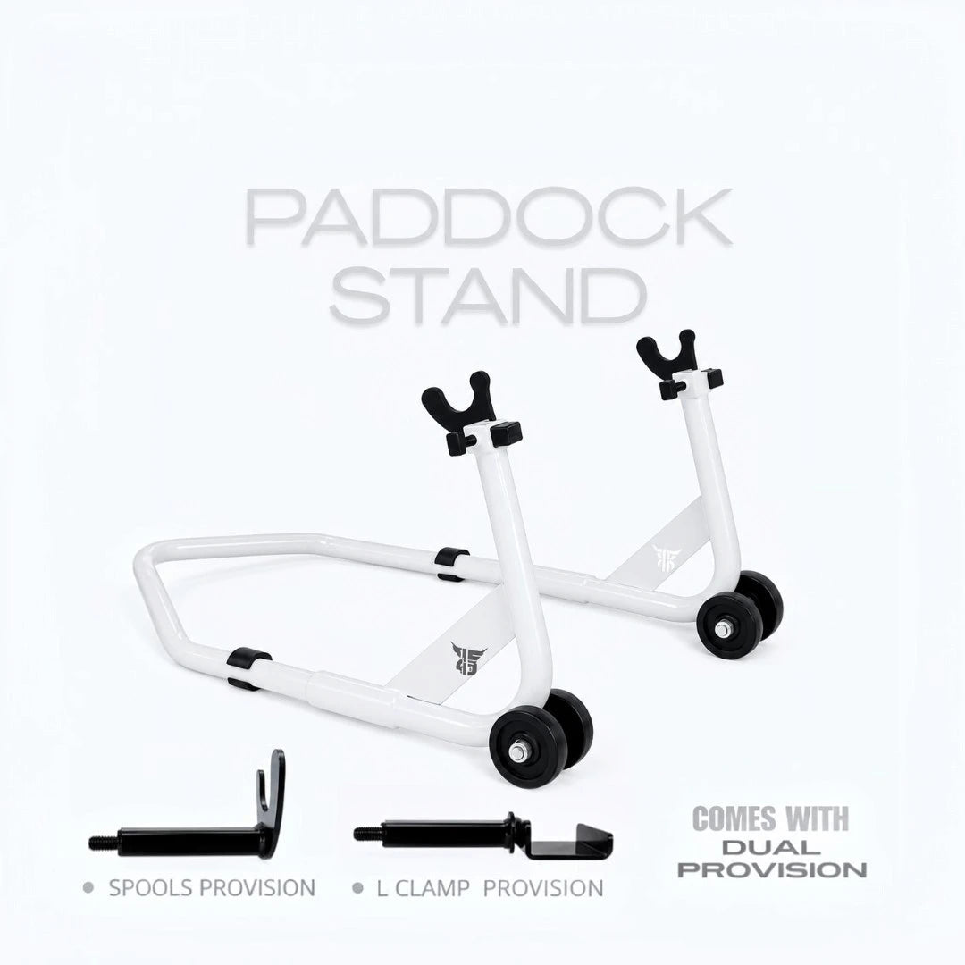 RKTECH white universal motorcycle paddock stand with spool and L-clamp attachments for maintenance.