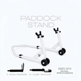 RKTECH white universal motorcycle paddock stand with spool and L-clamp attachments for maintenance.
